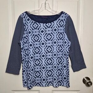 Fresh Produce Women's L Top 3/4 Sleeve Blue Diamond Stripe Casual Shirt